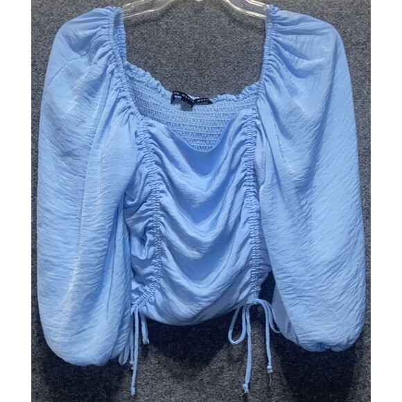 Hyfve Blue Ruched Crop Top Puff Sleeves Size Large - Picture 2 of 9